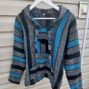 Handmade blue, black, and gray drug rug pullover / sweater / hoodie / baja